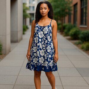 Cabali Blue White Hibiscus Floral Sundress Size M Rayon Ruffle Hem Cancun Mexico